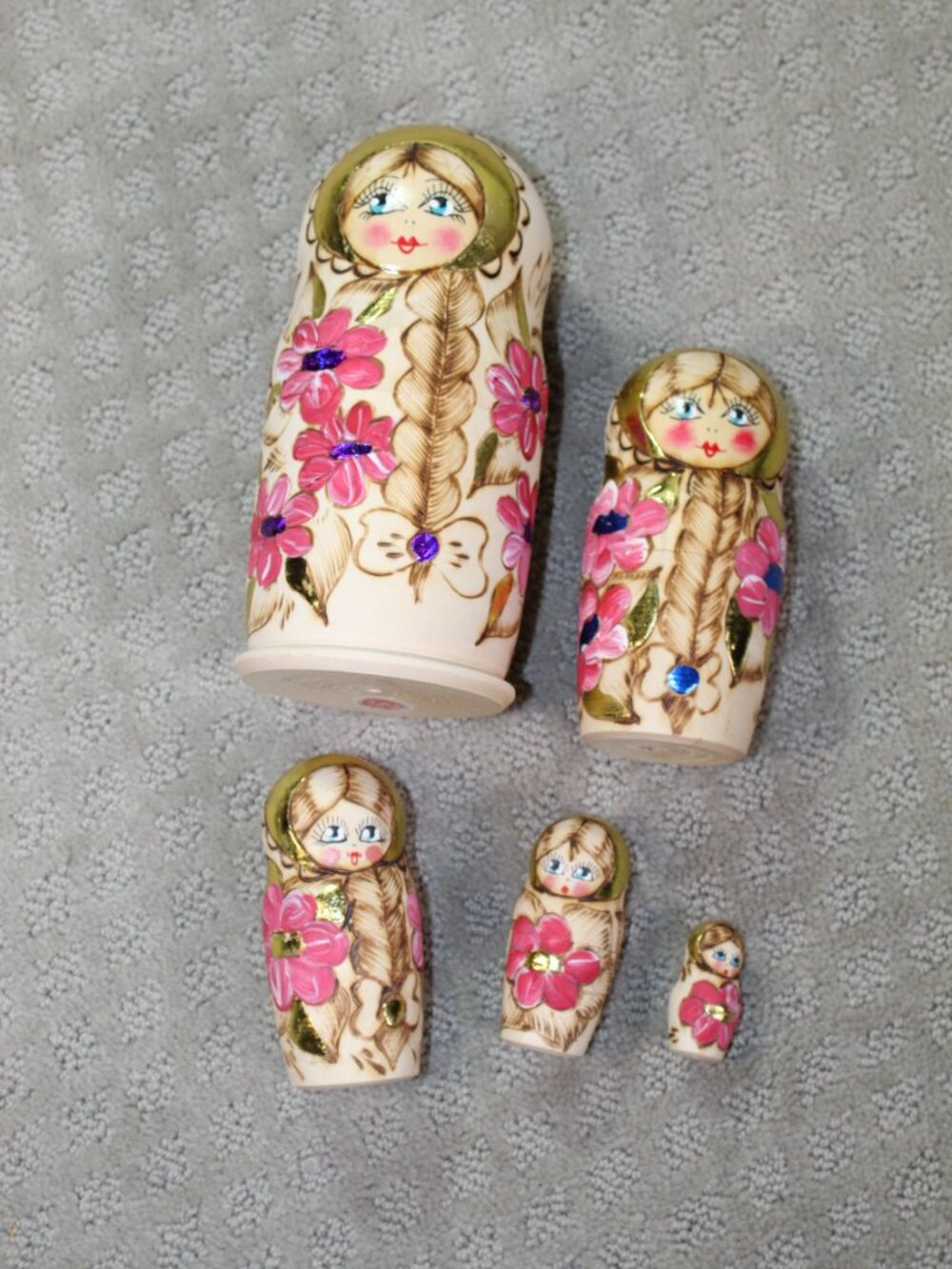 Set of 5 Russian Nesting Natural Tone Gold Accent with Pink Flowers 7.5"x3.5"